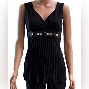 Bizarre Elegant Black Sleeveless V-Neck Crystal Embellished Pleated Blouse XS
